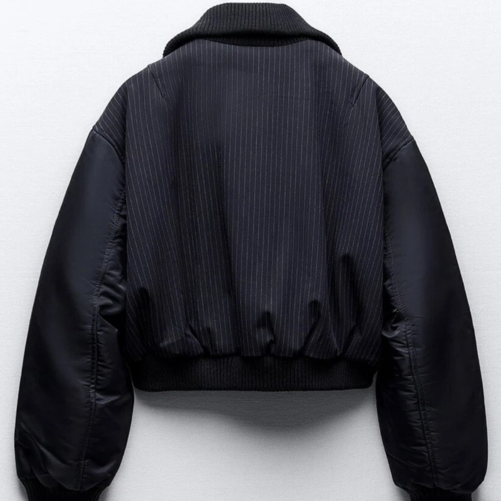 Zara Navy Zippered Pinstriped Bomber Jacket NWT - Picture 2 of 16